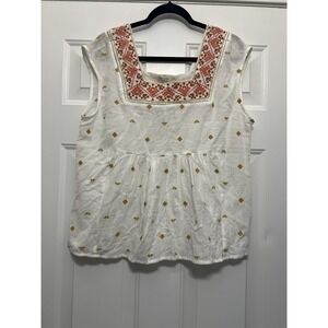 NWT Lucky Brand Women's Aztec Embroidered Tunic Top‎ White Large Babydoll Boho